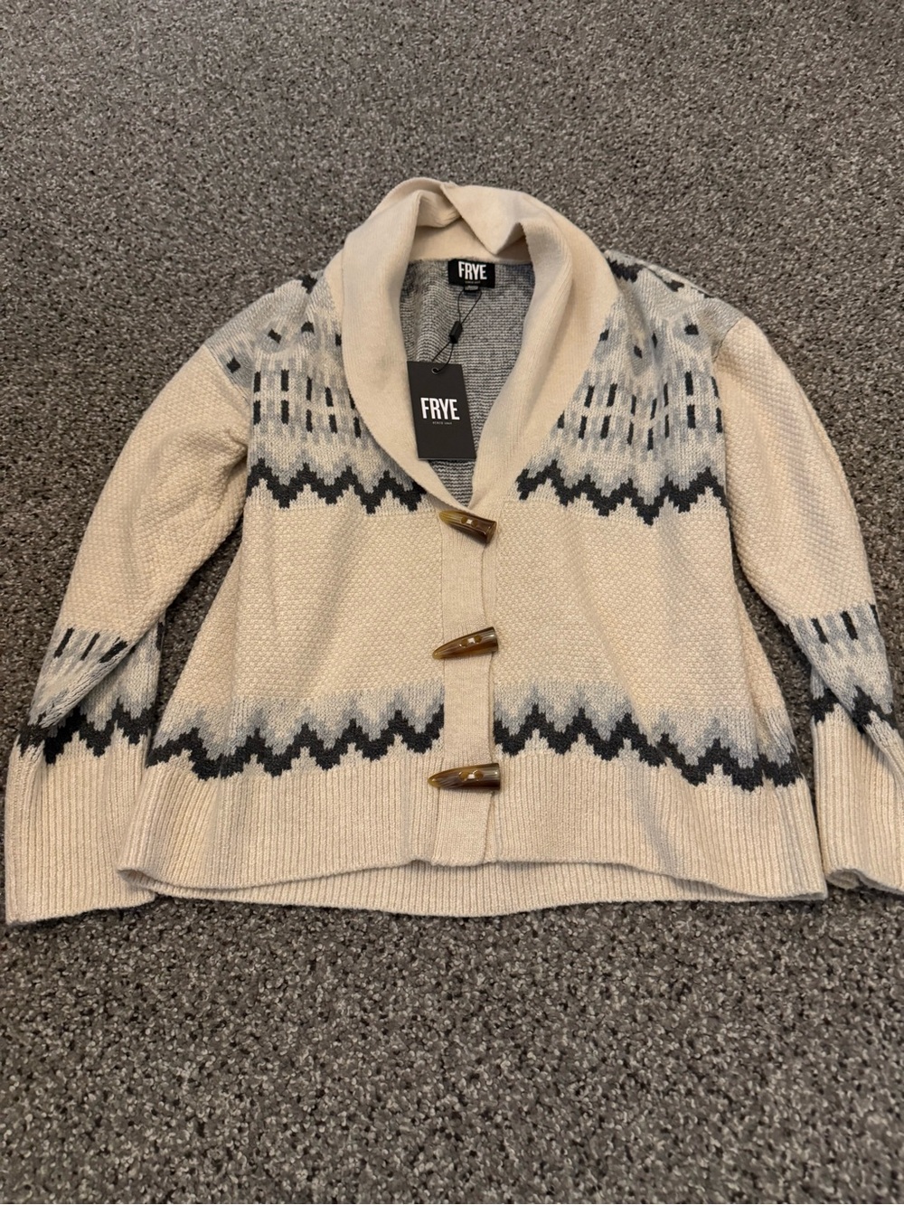 FRYE Cream Shawl Collar Toggle Cardigan with Gray and Black Accents